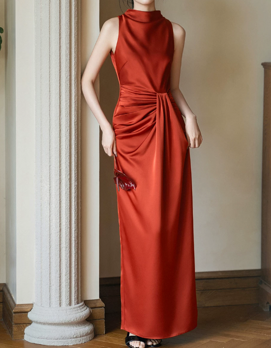 Graceful Halter Neck Red Prom Dress Sleeveless Pleated Mermaid Evening Dress C9062
