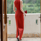 Graceful Halter Neck Red Prom Dress Sleeveless Pleated Mermaid Evening Dress C9062