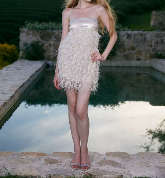 Chic Strapless Ivory Homecoming Dress Feather Sequins Sheath Party Dress C9065