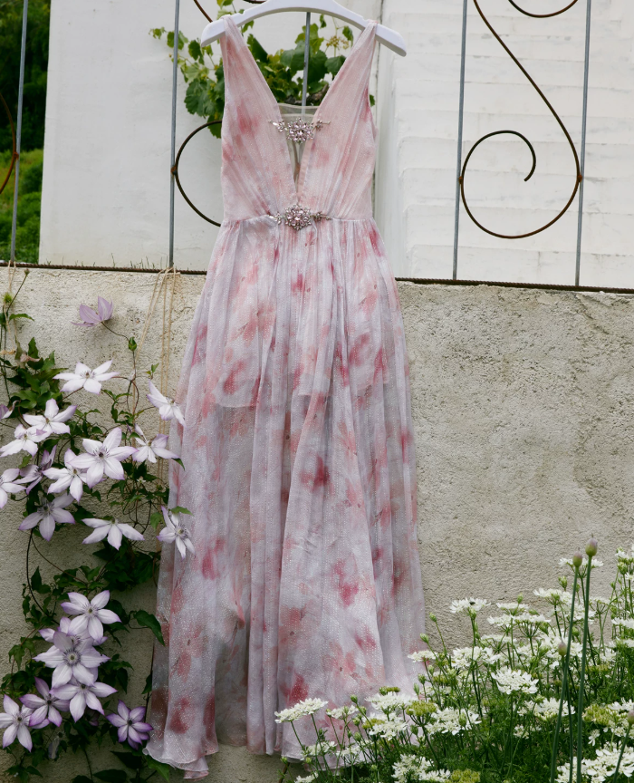 Glam V Neck Pink Prom Dress Chiffon Beaded A-Line Evening Dress C9067