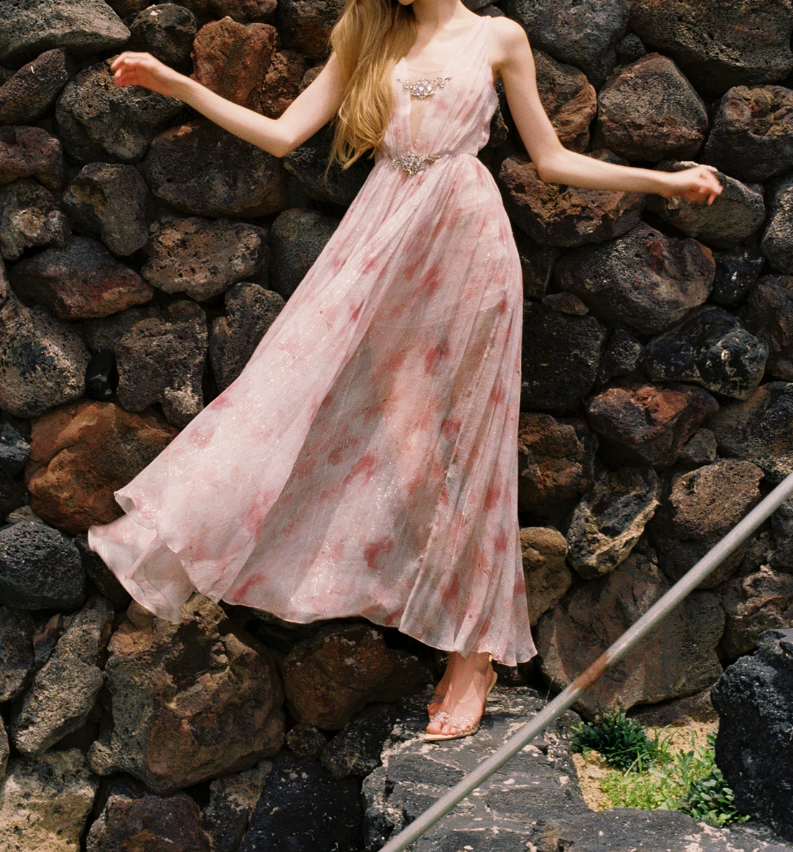 Glam V Neck Pink Prom Dress Chiffon Beaded A-Line Evening Dress C9067