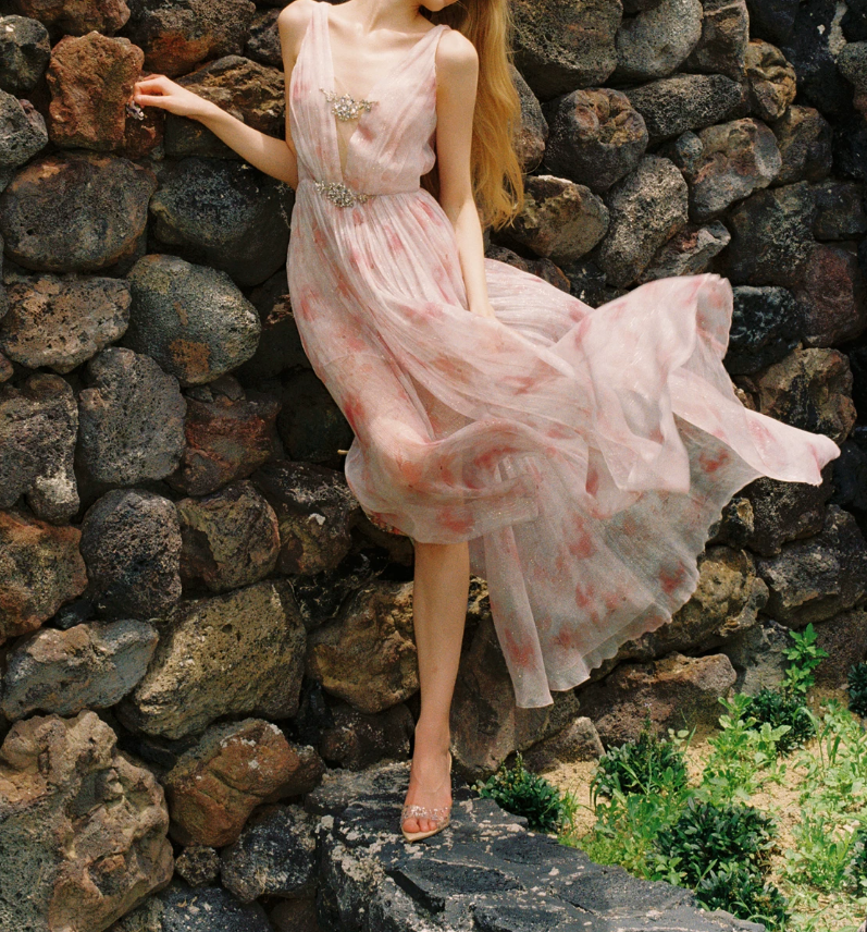 Glam V Neck Pink Prom Dress Chiffon Beaded A-Line Evening Dress C9067