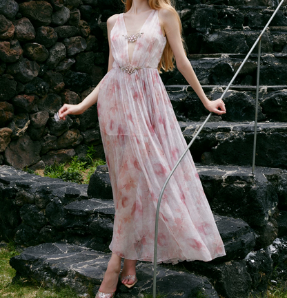 Glam V Neck Pink Prom Dress Chiffon Beaded A-Line Evening Dress C9067