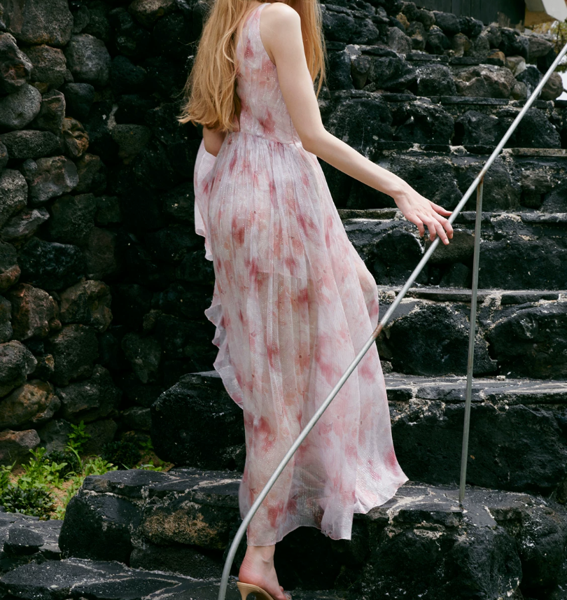 Glam V Neck Pink Prom Dress Chiffon Beaded A-Line Evening Dress C9067