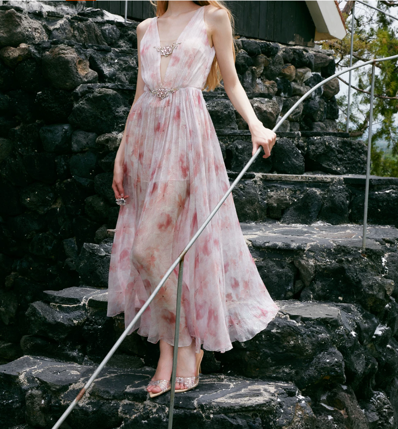 Glam V Neck Pink Prom Dress Chiffon Beaded A-Line Evening Dress C9067