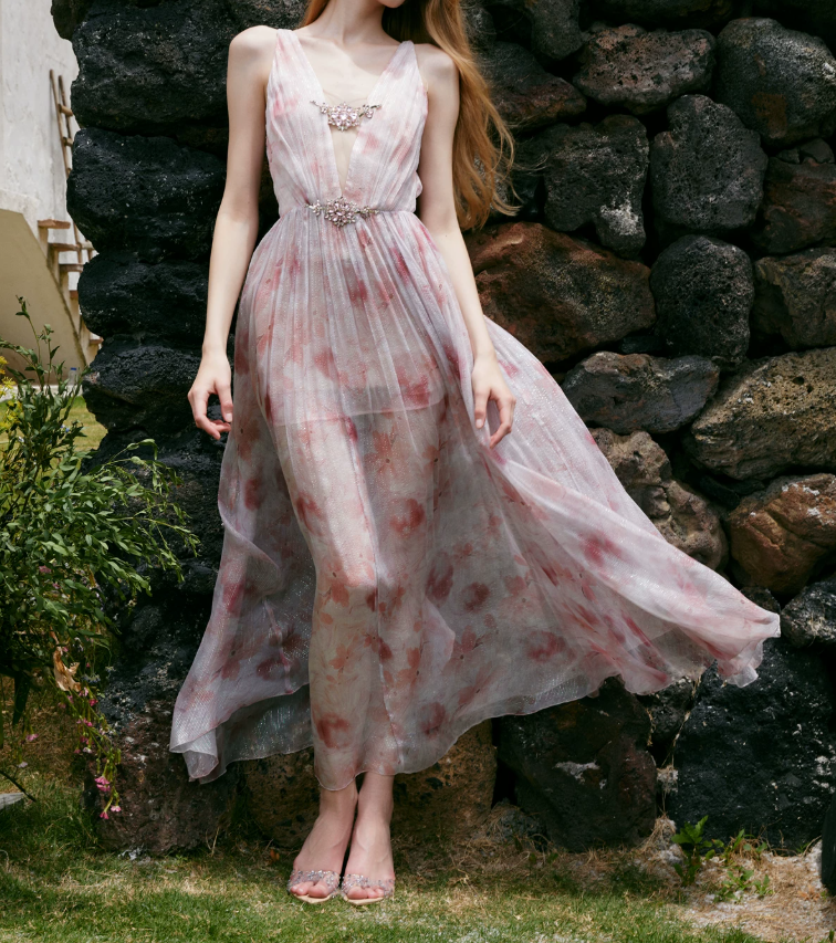 Glam V Neck Pink Prom Dress Chiffon Beaded A-Line Evening Dress C9067