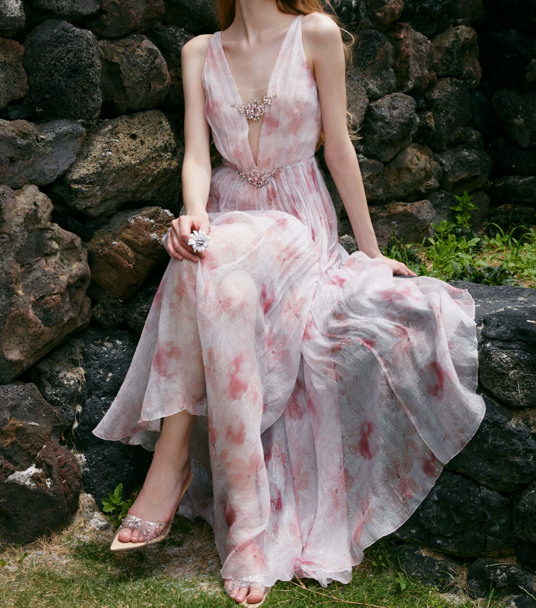 Glam V Neck Pink Prom Dress Chiffon Beaded A-Line Evening Dress C9067