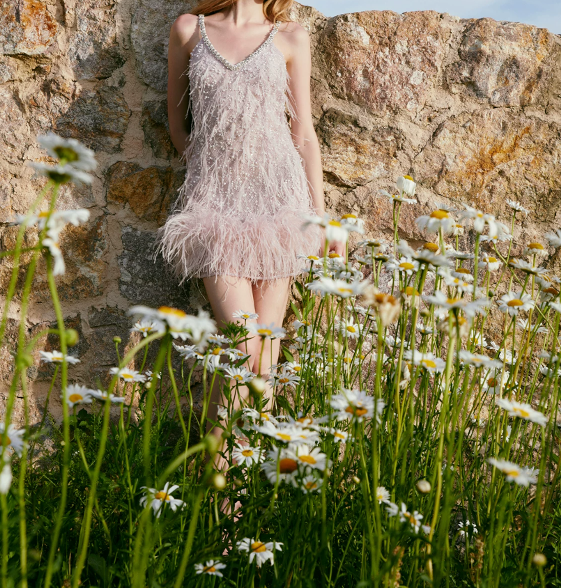 Playful Spaghetti Straps Pink Homecoming Dress Feather Beaded Sheath Party Dress C9068