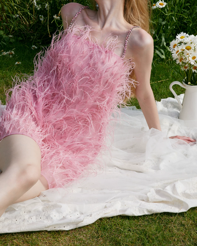 Adorable Beaded Spaghetti Straps Homecoming Dress Pink Feather A-Line Party Dress C9072