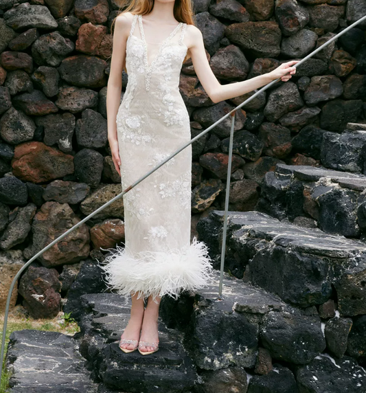 Ornate Beaded Spaghetti Straps Prom Dress White Sequins Feather Sheath Evening Dress C9073