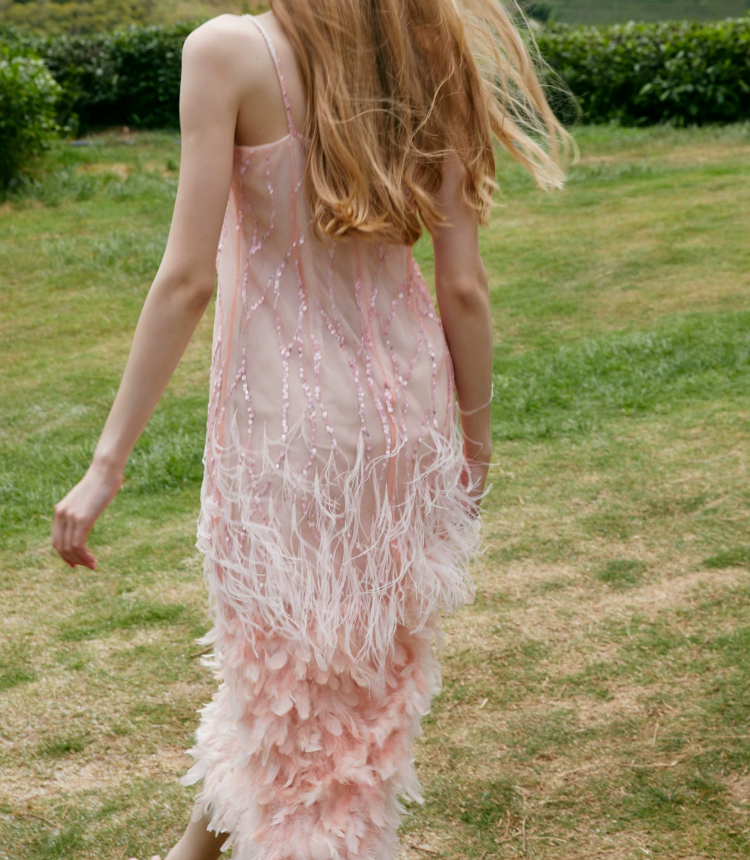 Sweet Spaghetti Straps Prom Dress Pink Sequins Feather Sheath Evening Dress C9074
