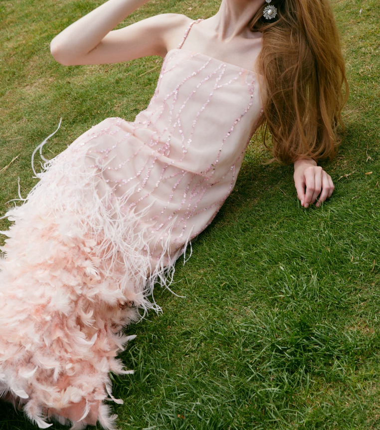 Sweet Spaghetti Straps Prom Dress Pink Sequins Feather Sheath Evening Dress C9074