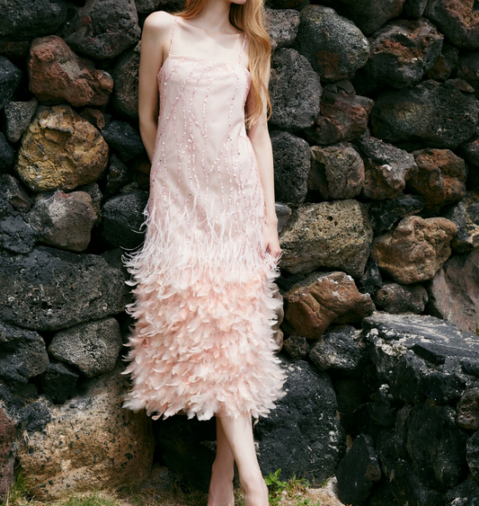 Sweet Spaghetti Straps Prom Dress Pink Sequins Feather Sheath Evening Dress C9074