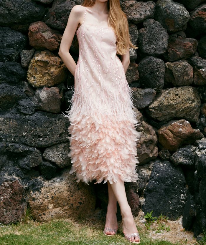Sweet Spaghetti Straps Prom Dress Pink Sequins Feather Sheath Evening Dress C9074