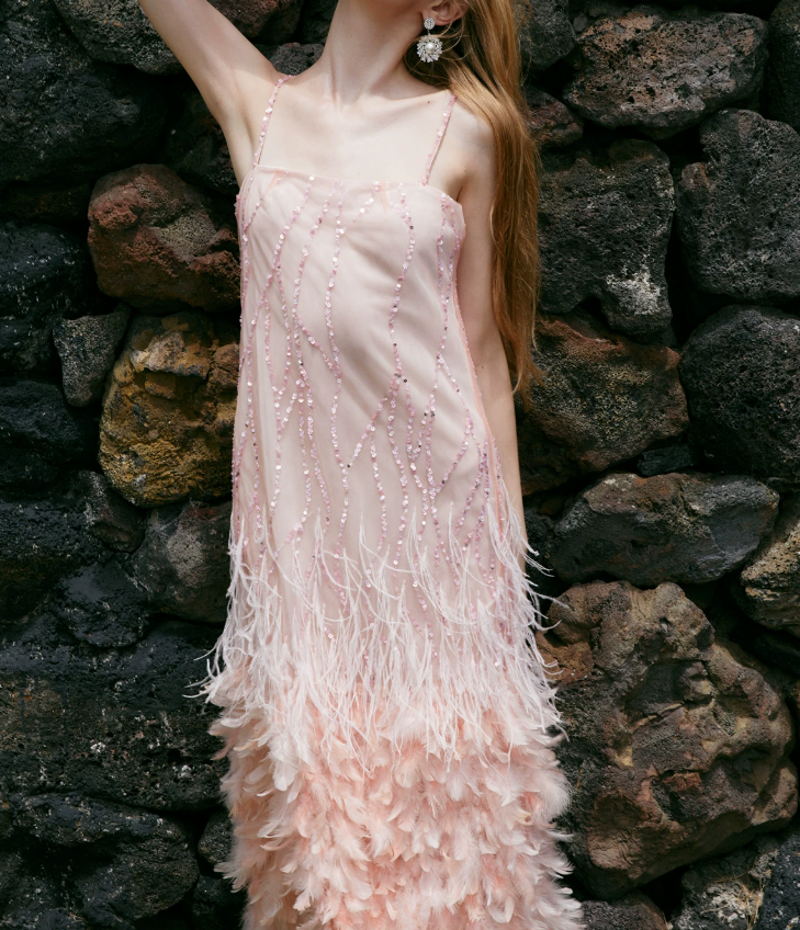 Sweet Spaghetti Straps Prom Dress Pink Sequins Feather Sheath Evening Dress C9074