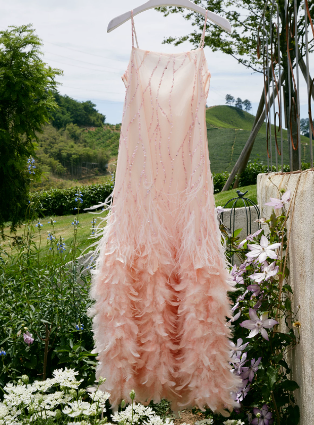 Sweet Spaghetti Straps Prom Dress Pink Sequins Feather Sheath Evening Dress C9074
