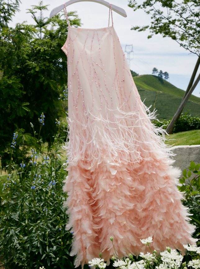 Sweet Spaghetti Straps Prom Dress Pink Sequins Feather Sheath Evening Dress C9074