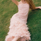 Sweet Spaghetti Straps Prom Dress Pink Sequins Feather Sheath Evening Dress C9074