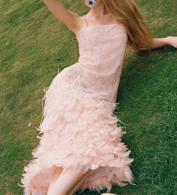 Sweet Spaghetti Straps Prom Dress Pink Sequins Feather Sheath Evening Dress C9074