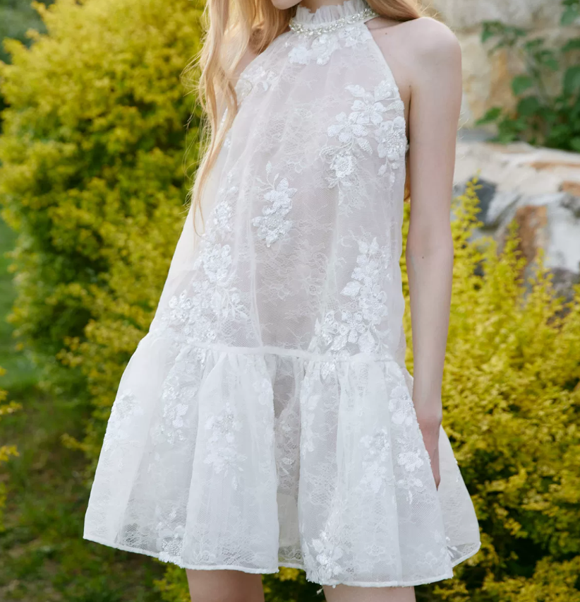 Attractive Halter Neck Beaded Homecoming Dress White Lace A-Line Party Dress C9075