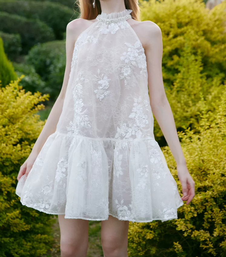 Attractive Halter Neck Beaded Homecoming Dress White Lace A-Line Party Dress C9075