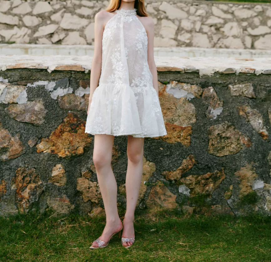 Attractive Halter Neck Beaded Homecoming Dress White Lace A-Line Party Dress C9075