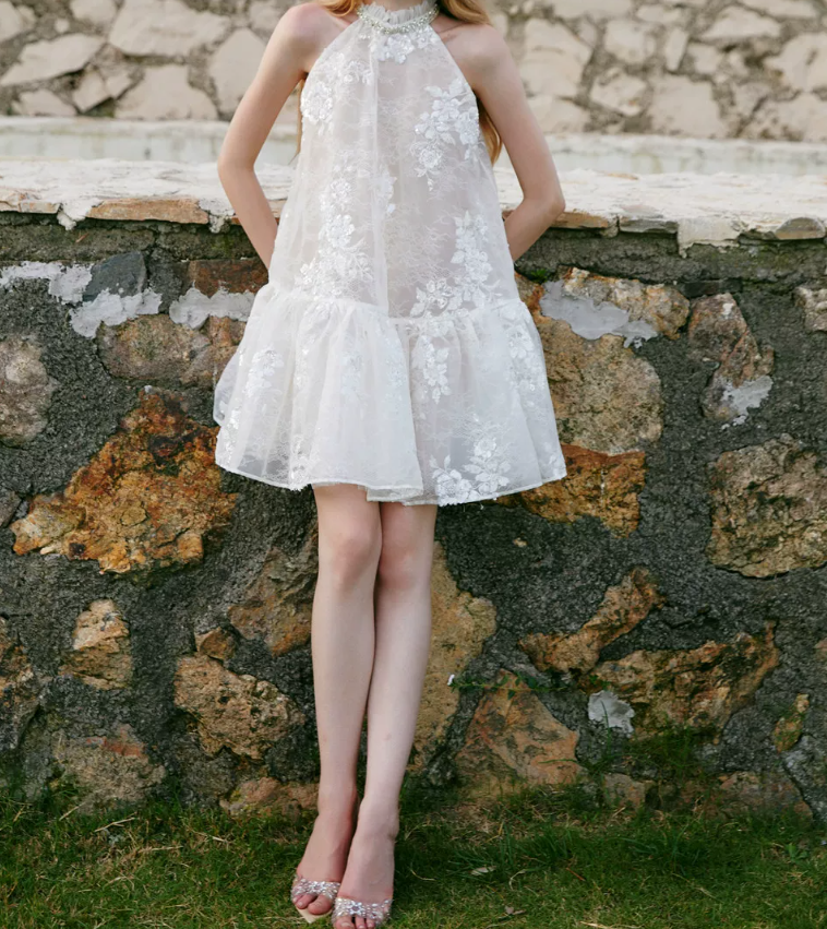 Attractive Halter Neck Beaded Homecoming Dress White Lace A-Line Party Dress C9075