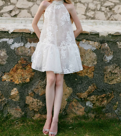 Attractive Halter Neck Beaded Homecoming Dress White Lace A-Line Party Dress C9075