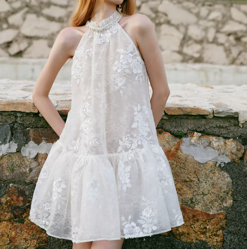 Attractive Halter Neck Beaded Homecoming Dress White Lace A-Line Party Dress C9075
