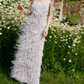 Romantic Spaghetti Straps Prom Dress Silver Sequins Feather Sheath Evening Dress C9077