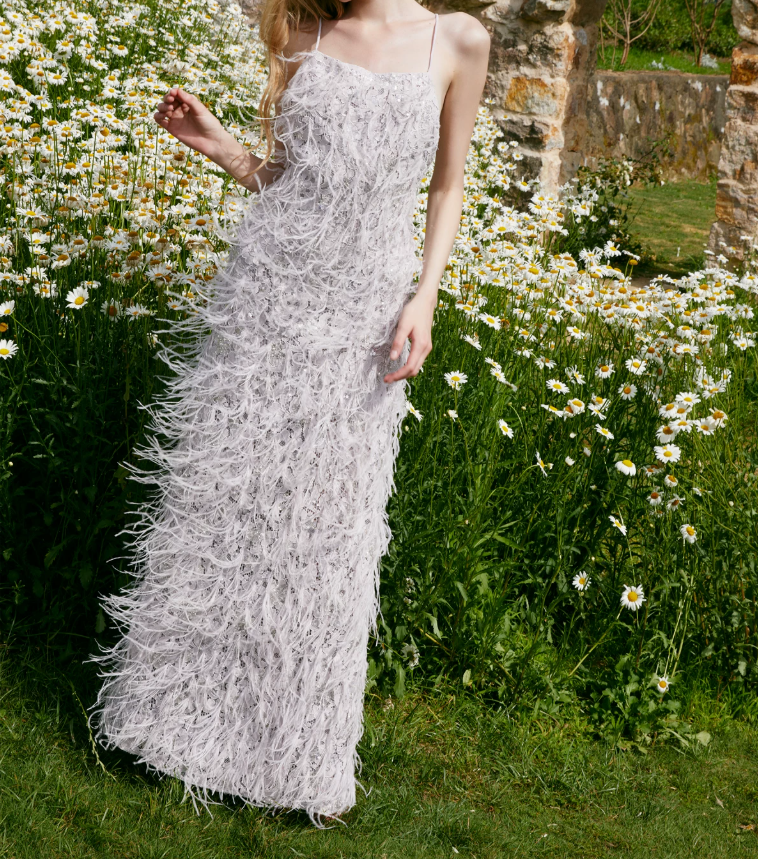 Romantic Spaghetti Straps Prom Dress Silver Sequins Feather Sheath Evening Dress C9077
