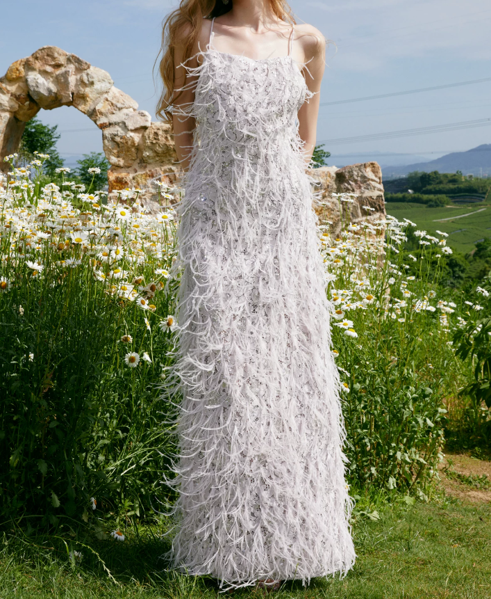 Romantic Spaghetti Straps Prom Dress Silver Sequins Feather Sheath Evening Dress C9077