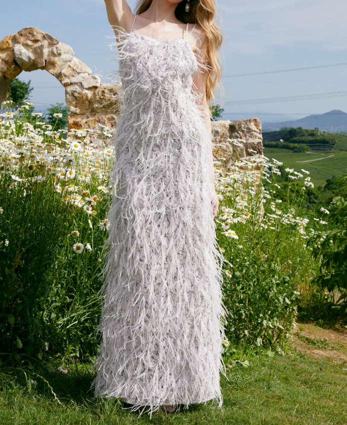 Romantic Spaghetti Straps Prom Dress Silver Sequins Feather Sheath Evening Dress C9077