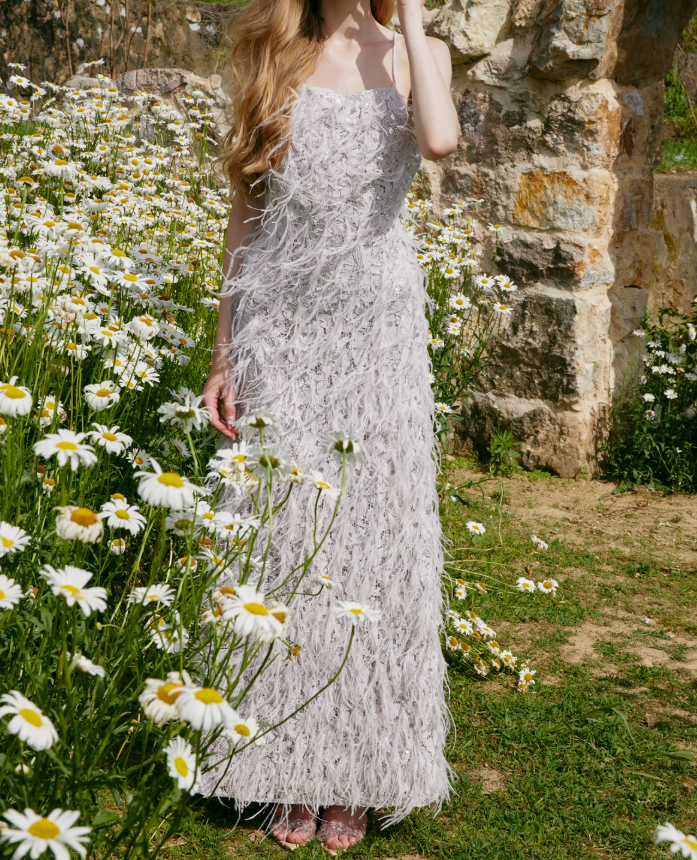 Romantic Spaghetti Straps Prom Dress Silver Sequins Feather Sheath Evening Dress C9077