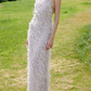 Romantic Spaghetti Straps Prom Dress Silver Sequins Feather Sheath Evening Dress C9077