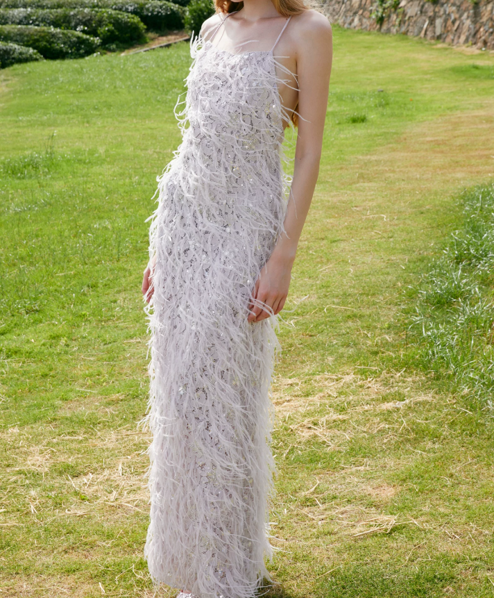 Romantic Spaghetti Straps Prom Dress Silver Sequins Feather Sheath Evening Dress C9077