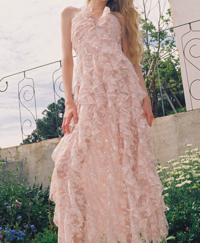 Sweet Halter Neck Pink Prom Dress Ruffles Lace Evening Dress C9079