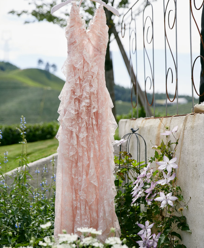 Sweet Halter Neck Pink Prom Dress Ruffles Lace Evening Dress C9079