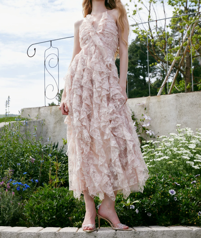 Sweet Halter Neck Pink Prom Dress Ruffles Lace Evening Dress C9079