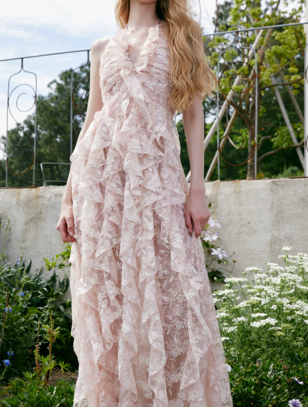 Sweet Halter Neck Pink Prom Dress Ruffles Lace Evening Dress C9079