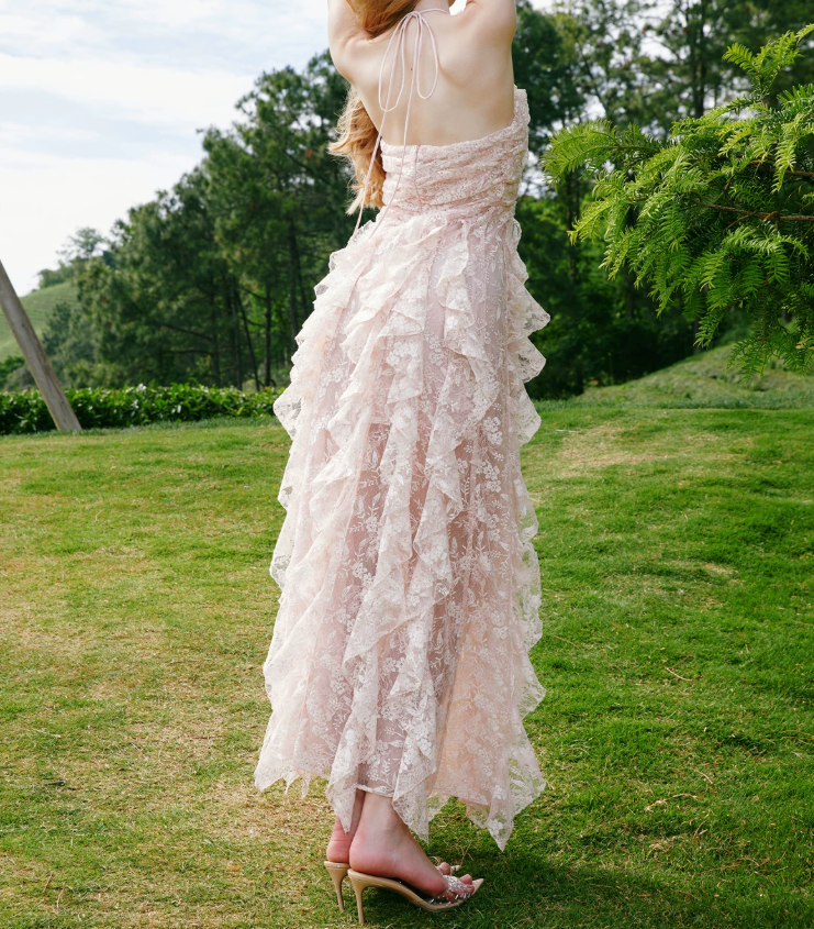 Sweet Halter Neck Pink Prom Dress Ruffles Lace Evening Dress C9079