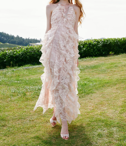 Sweet Halter Neck Pink Prom Dress Ruffles Lace Evening Dress C9079
