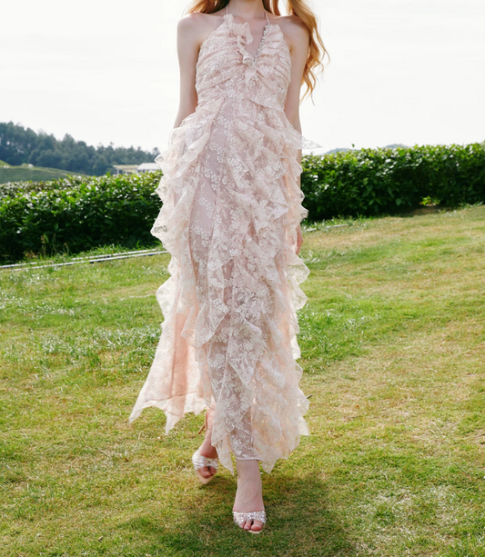 Sweet Halter Neck Pink Prom Dress Ruffles Lace Evening Dress C9079