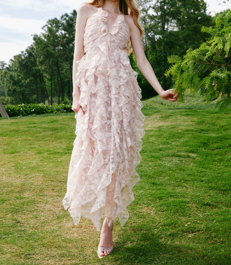 Sweet Halter Neck Pink Prom Dress Ruffles Lace Evening Dress C9079