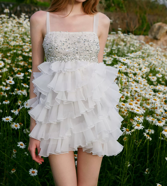Classical Spaghetti Straps Ruffles Homecoming Dress White Crystals Party Dress C9080