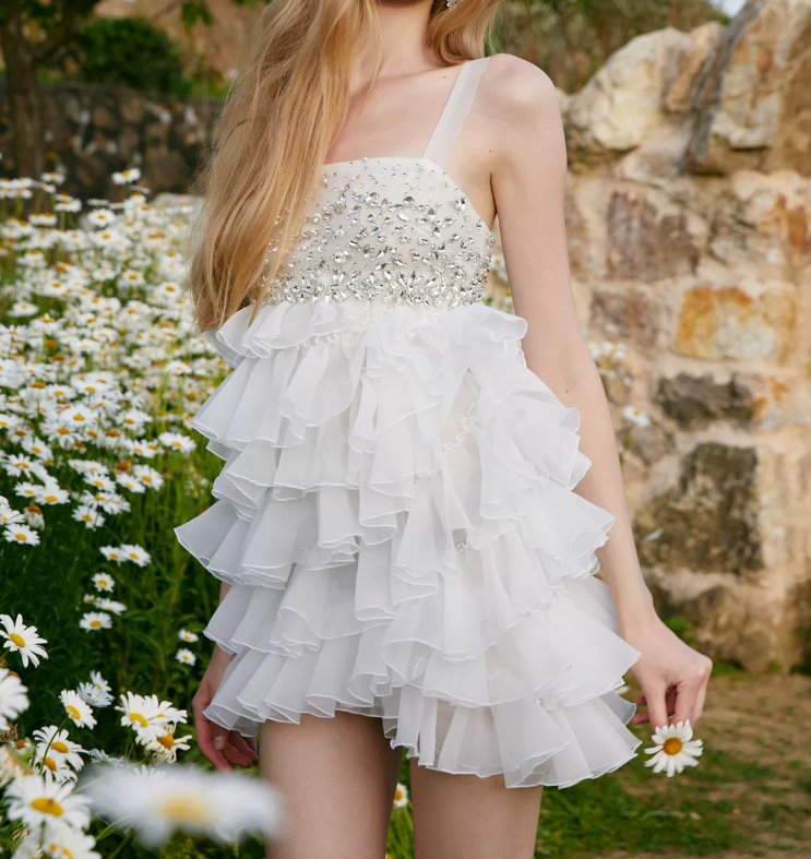 Classical Spaghetti Straps Ruffles Homecoming Dress White Crystals Party Dress C9080