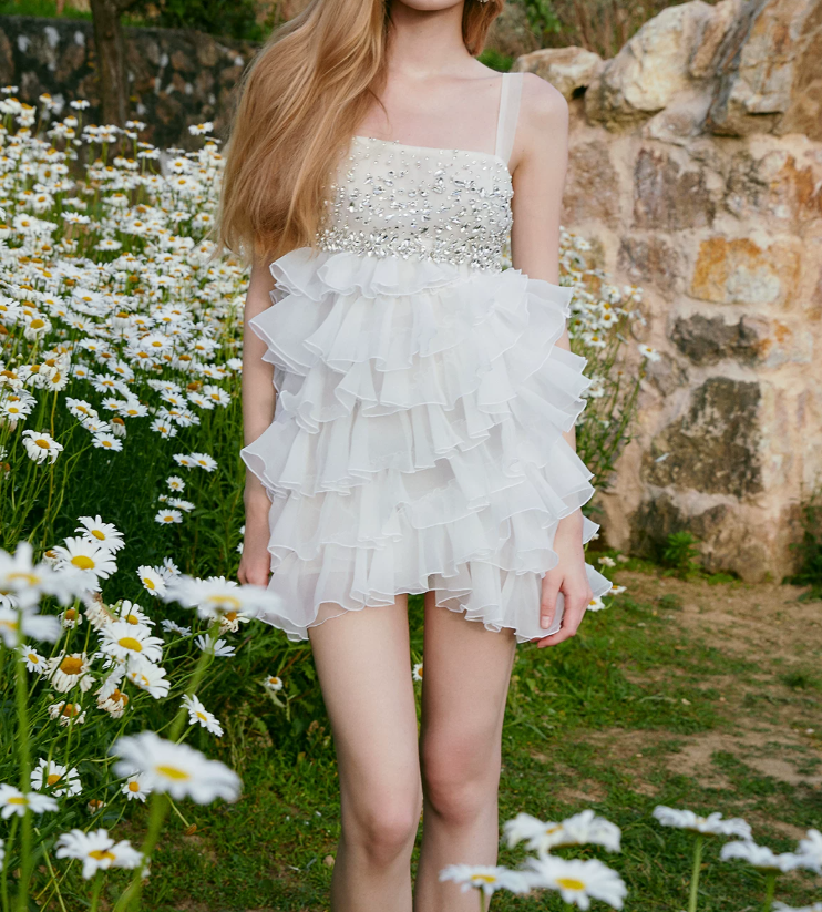 Classical Spaghetti Straps Ruffles Homecoming Dress White Crystals Party Dress C9080