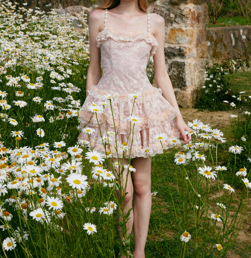 Charming Spaghetti Straps Homecoming Dress Pink Lace A-Line Party Dress C9081