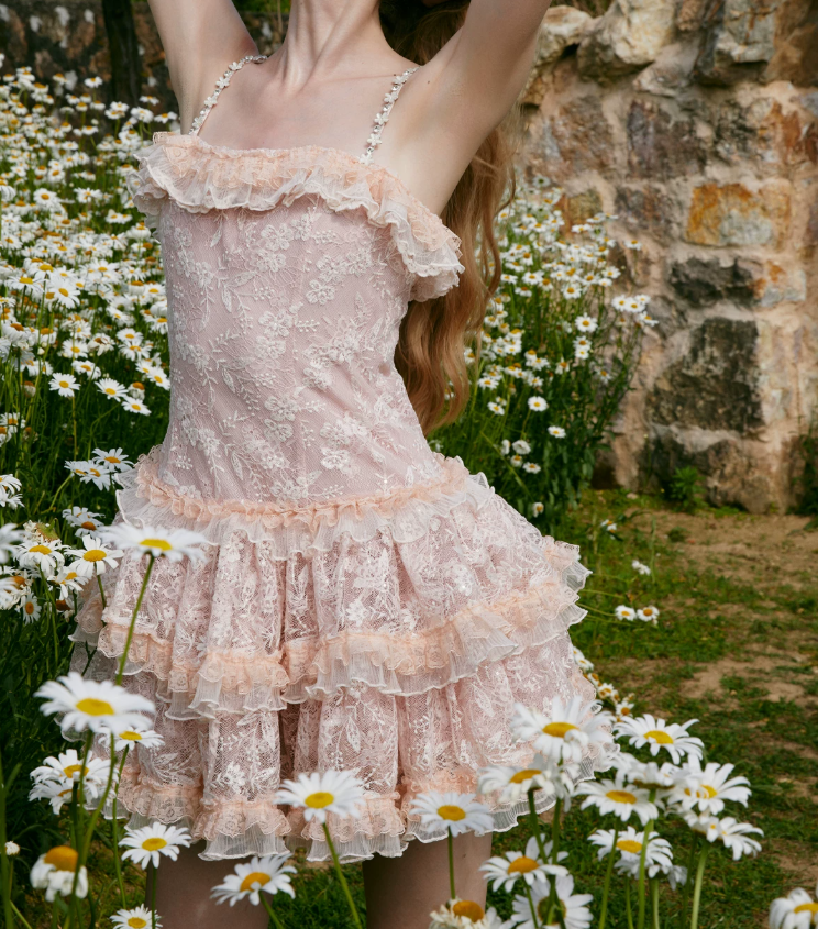 Charming Spaghetti Straps Homecoming Dress Pink Lace A-Line Party Dress C9081