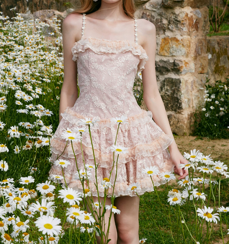 Charming Spaghetti Straps Homecoming Dress Pink Lace A-Line Party Dress C9081